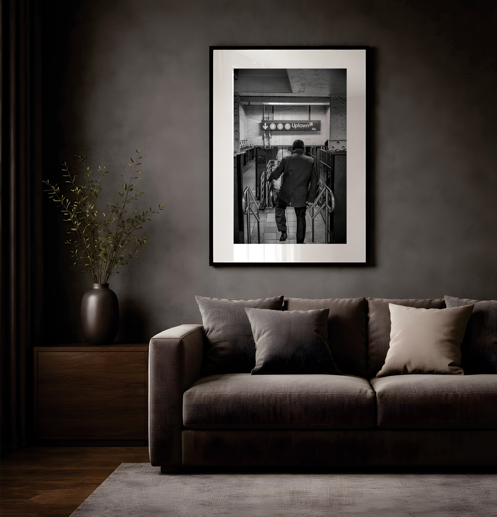 NYC Subway 456 Man Rushing, Portals Series framed in black above a terracotta velvet sofa, gray plaster wall — Good Beans NYC.