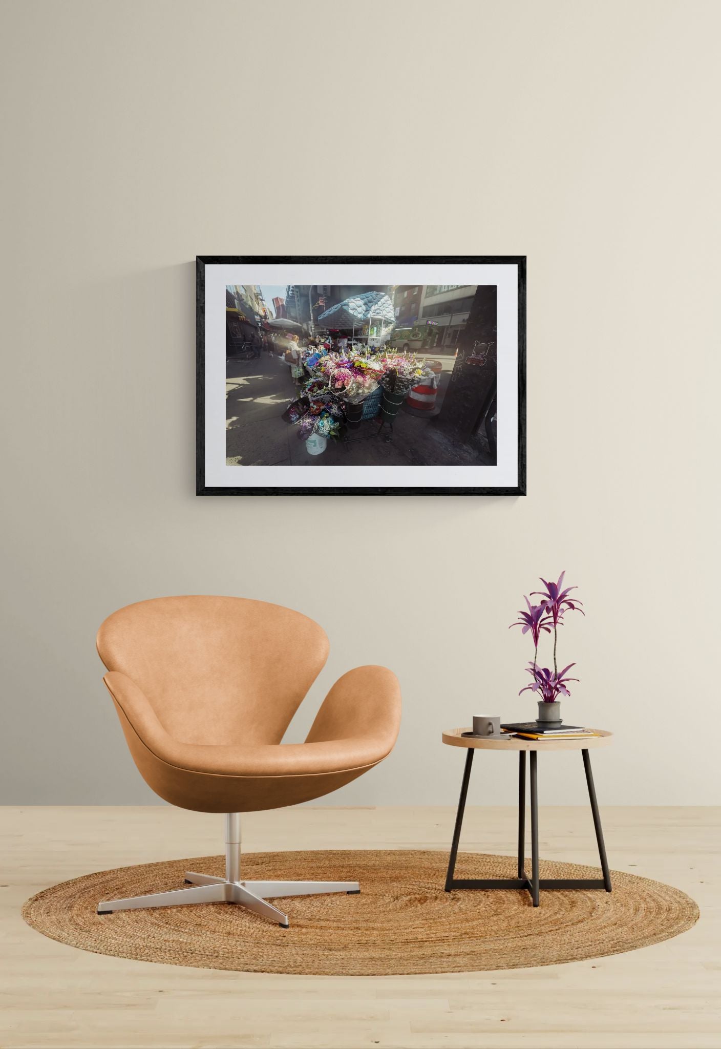 NYC Flower Cart Brooklyn — Under the J Train framed in black on a gallery wall with a side-profile viewer in a dark coat — Good Beans NYC.