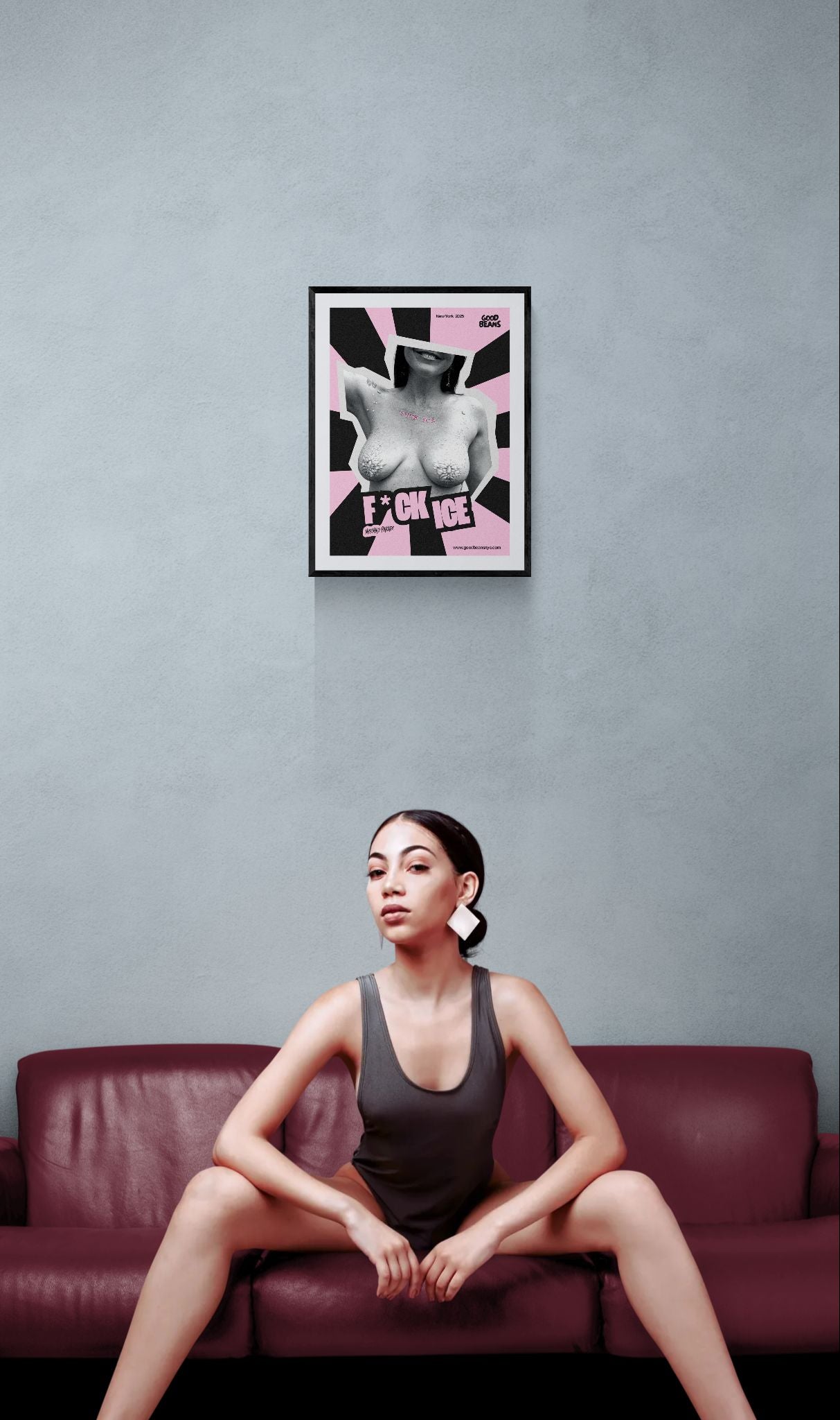 F*ck Ice Poster — Mermaid Parade 2025 framed in black on a gallery wall with a viewer in a straw hat in front — Good Beans NYC.