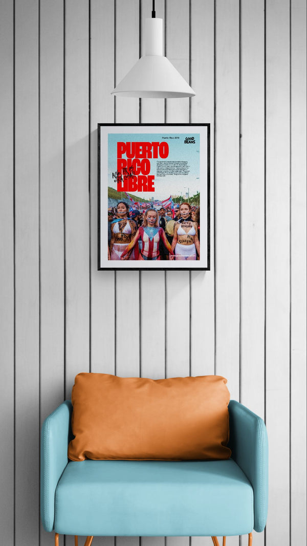 Puerto Rico Libre Poster — Ricky Renuncia 2019 framed in black on a gallery wall with a side-profile viewer in a dark coat — Good Beans NYC.