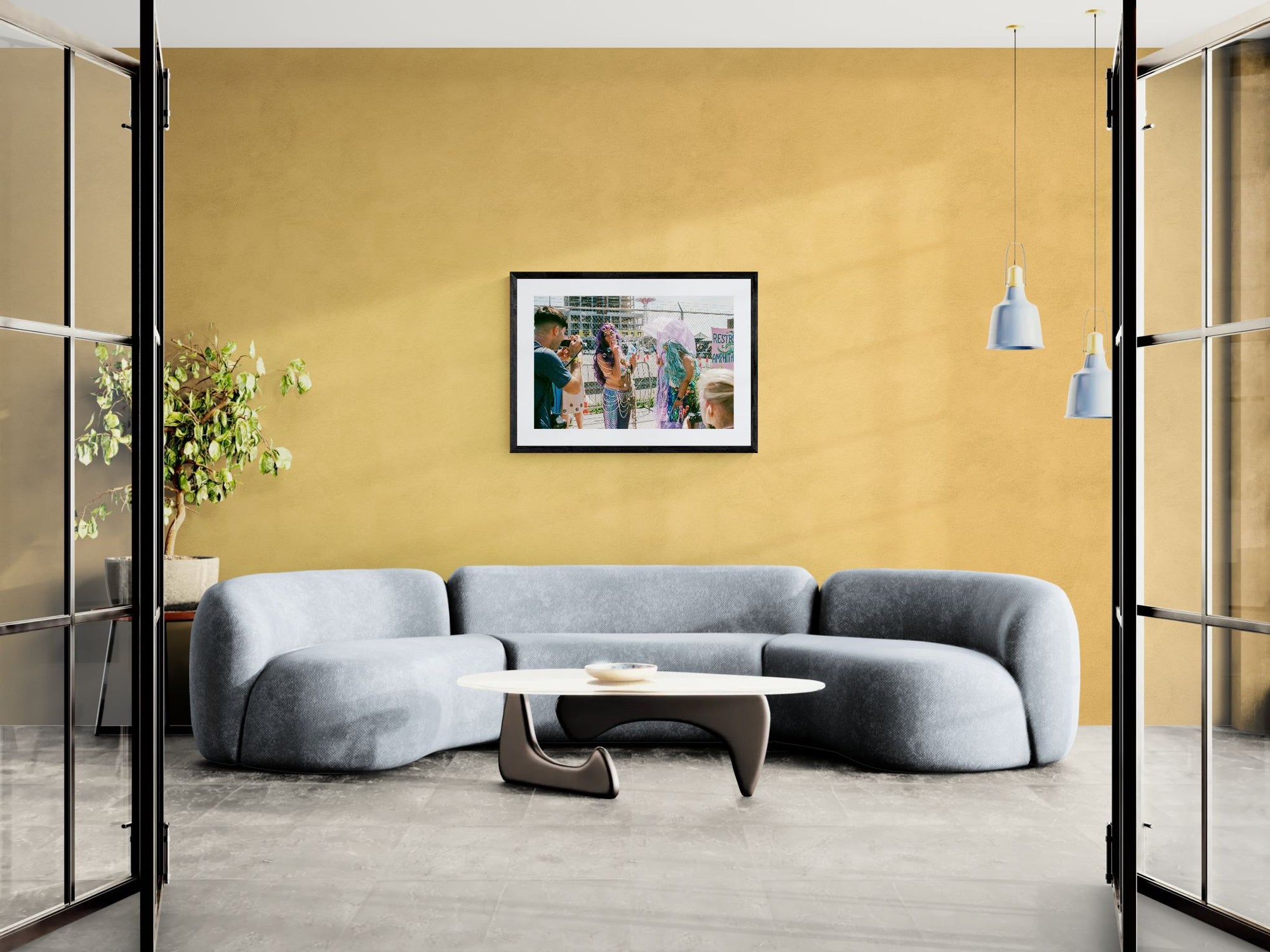 NYC Mermaid Parade Smoking, Coney Island framed in black above a terracotta velvet sofa, gray plaster wall — Good Beans NYC.