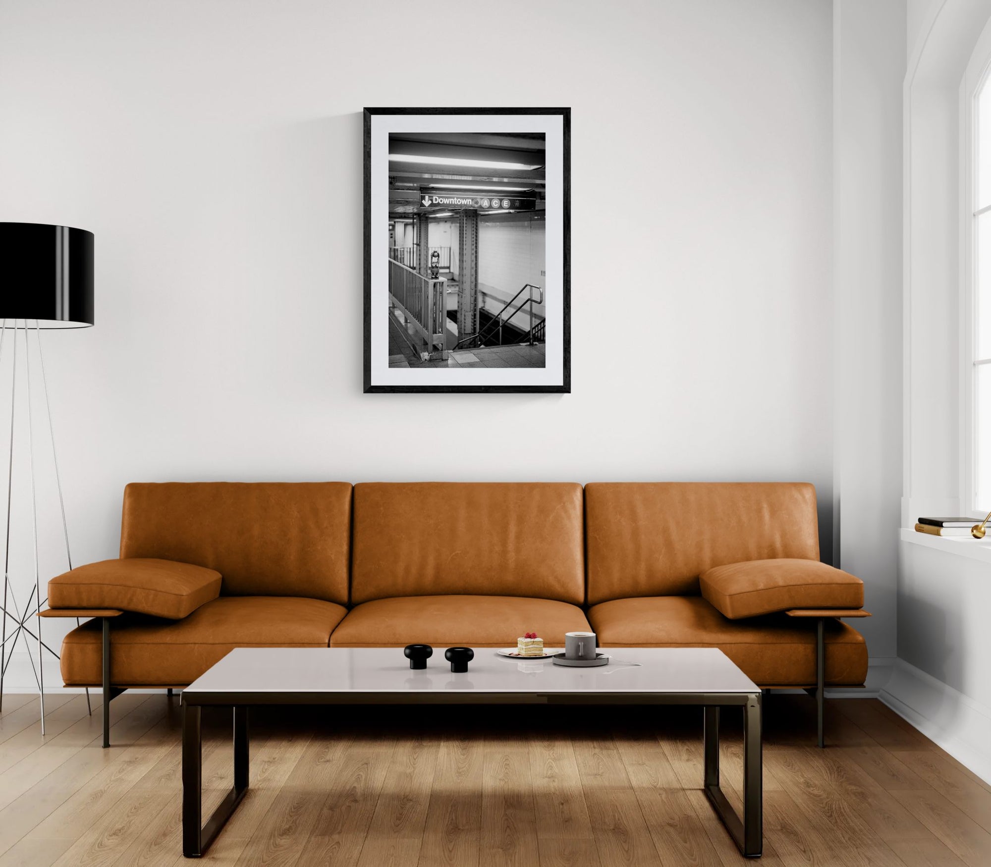 NYC Subway 14th & 8th Downtown ACE, Portals Series framed in black on a gallery wall with a viewer in a straw hat in front — Good Beans NYC.