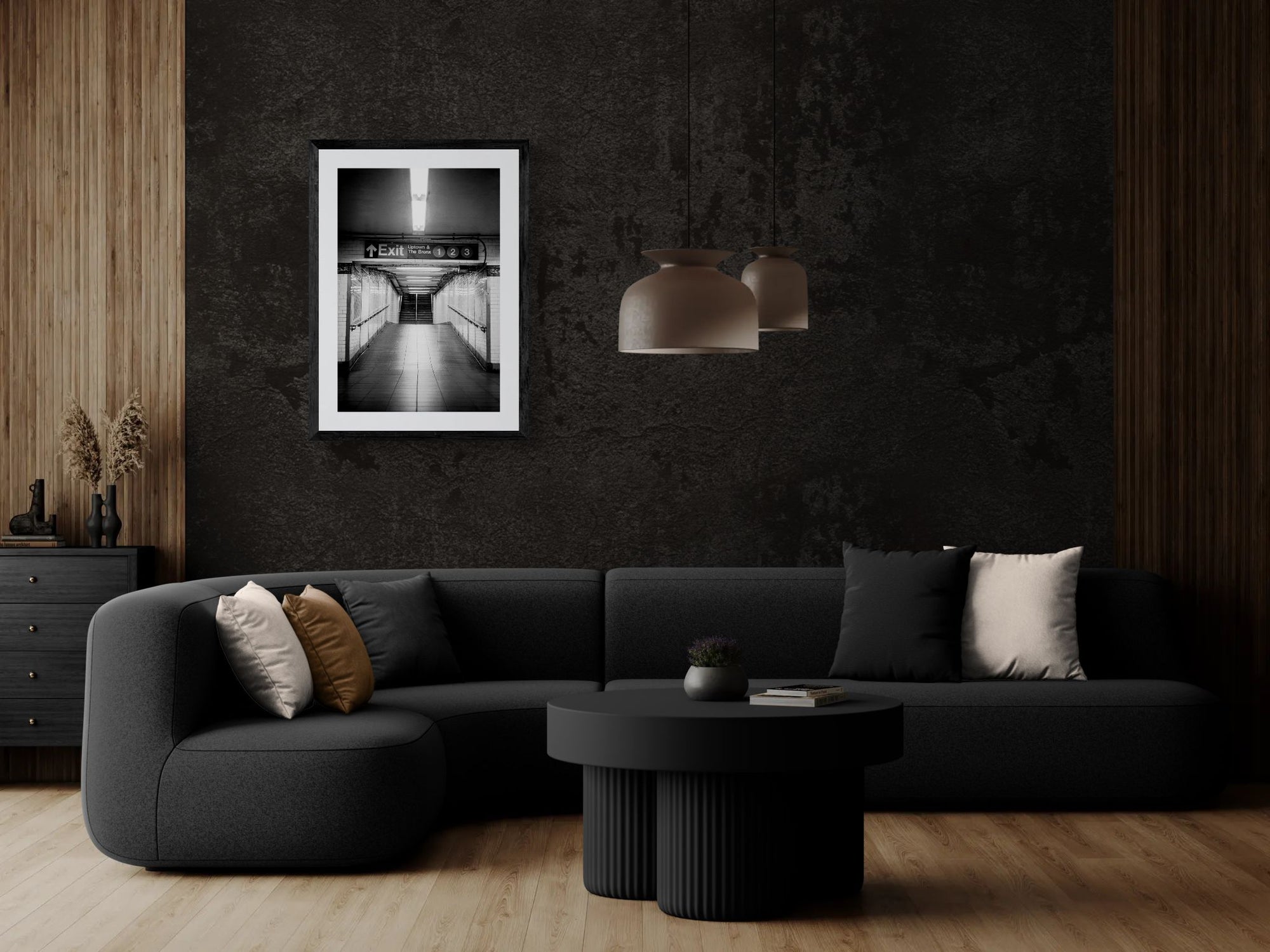 NYC Subway 1 2 3 Uptown & Bronx, Portals Series framed in black on a gallery wall with a viewer in a straw hat in front — Good Beans NYC.