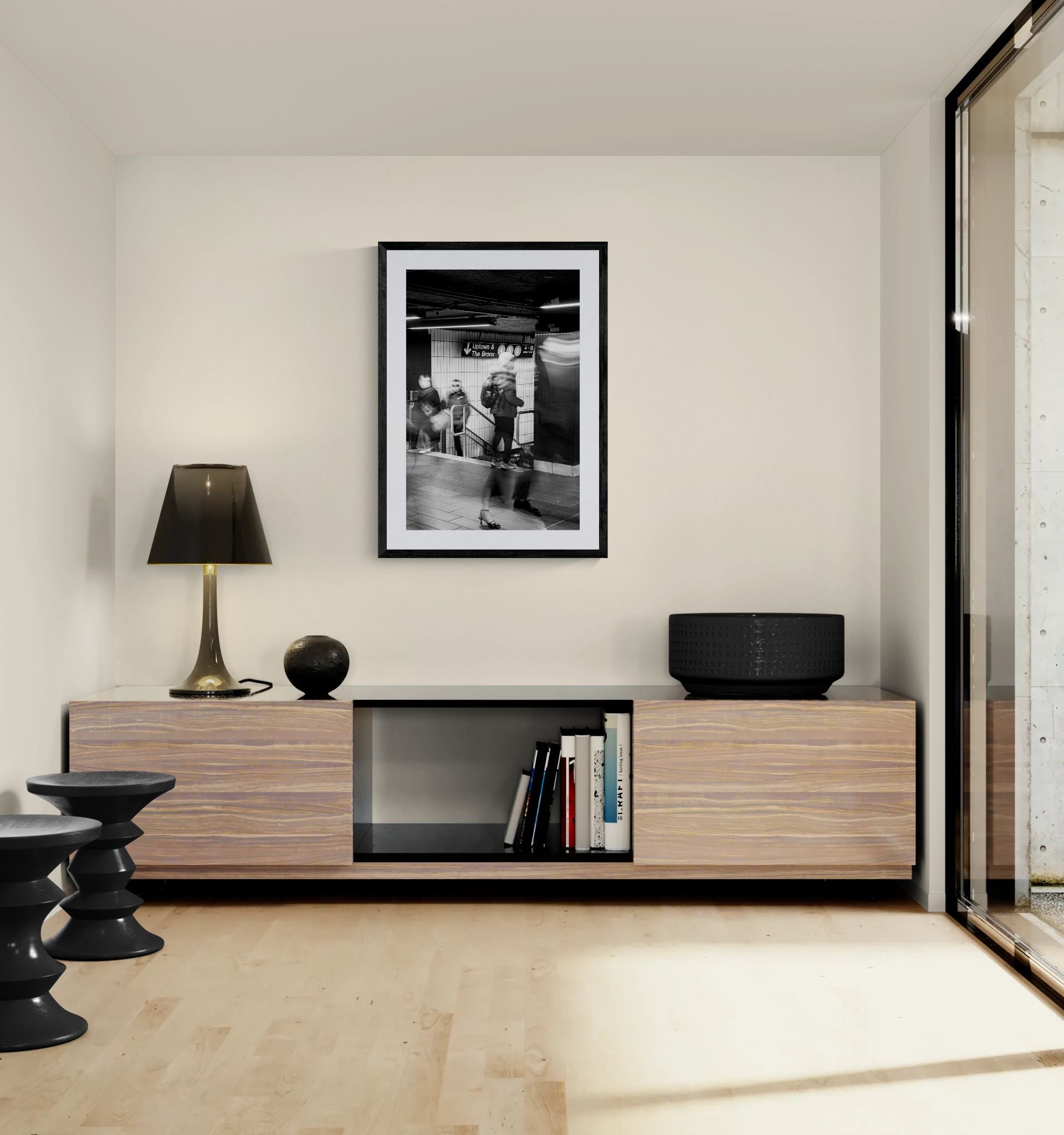 NYC Grand Central Motion, 4 5 6 Uptown framed in black on a gallery wall with a side-profile viewer in a dark coat — Good Beans NYC.