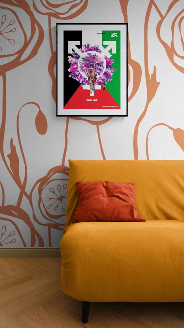 Trans Palestine Poster — Mermaid Parade 2025 framed in black above a terracotta velvet sofa, gray plaster wall — Good Beans NYC.