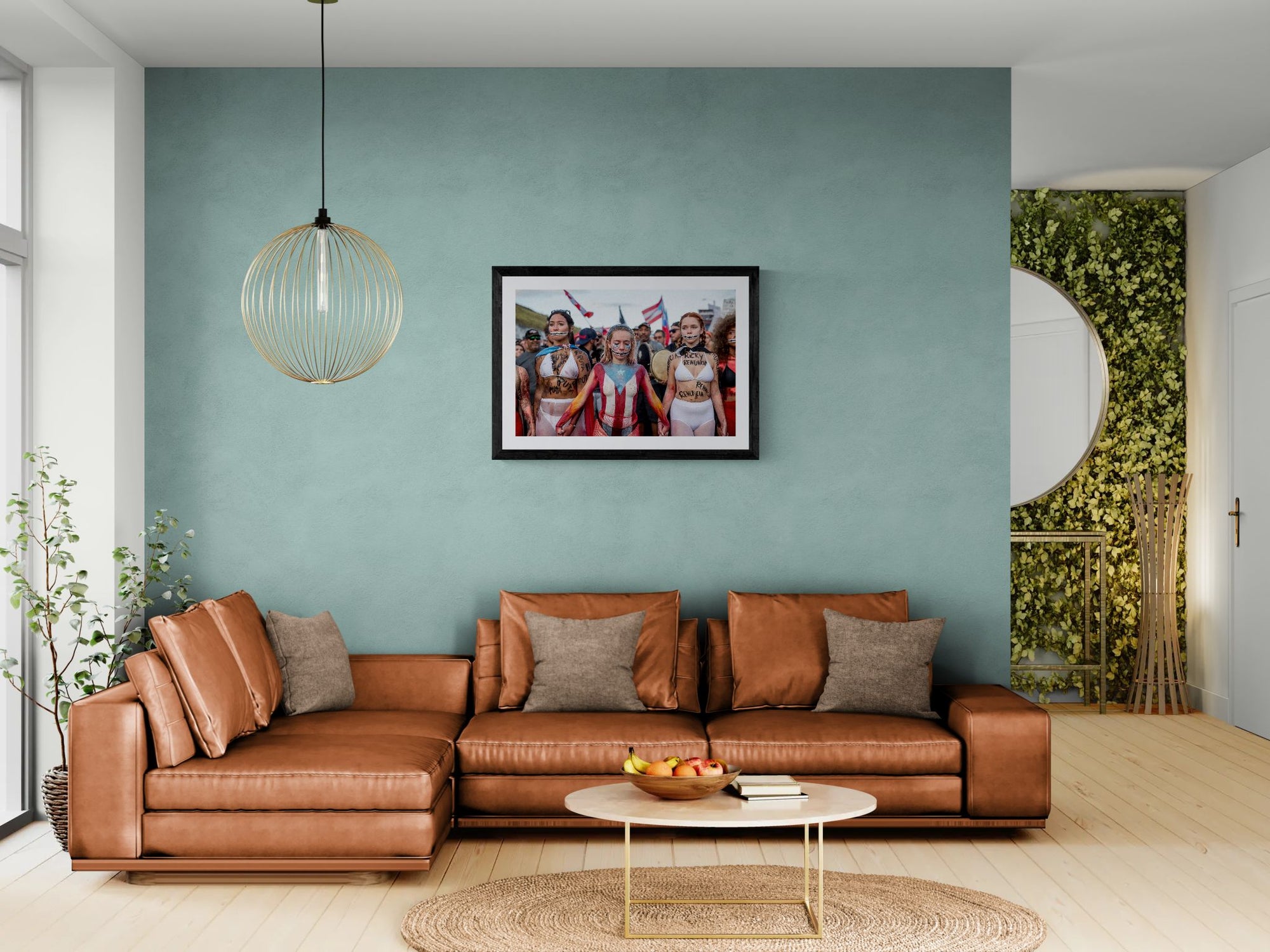 Puerto Rico Women, Ricky Renuncia Protest, San Juan framed in black above a terracotta velvet sofa, gray plaster wall — Good Beans NYC.
