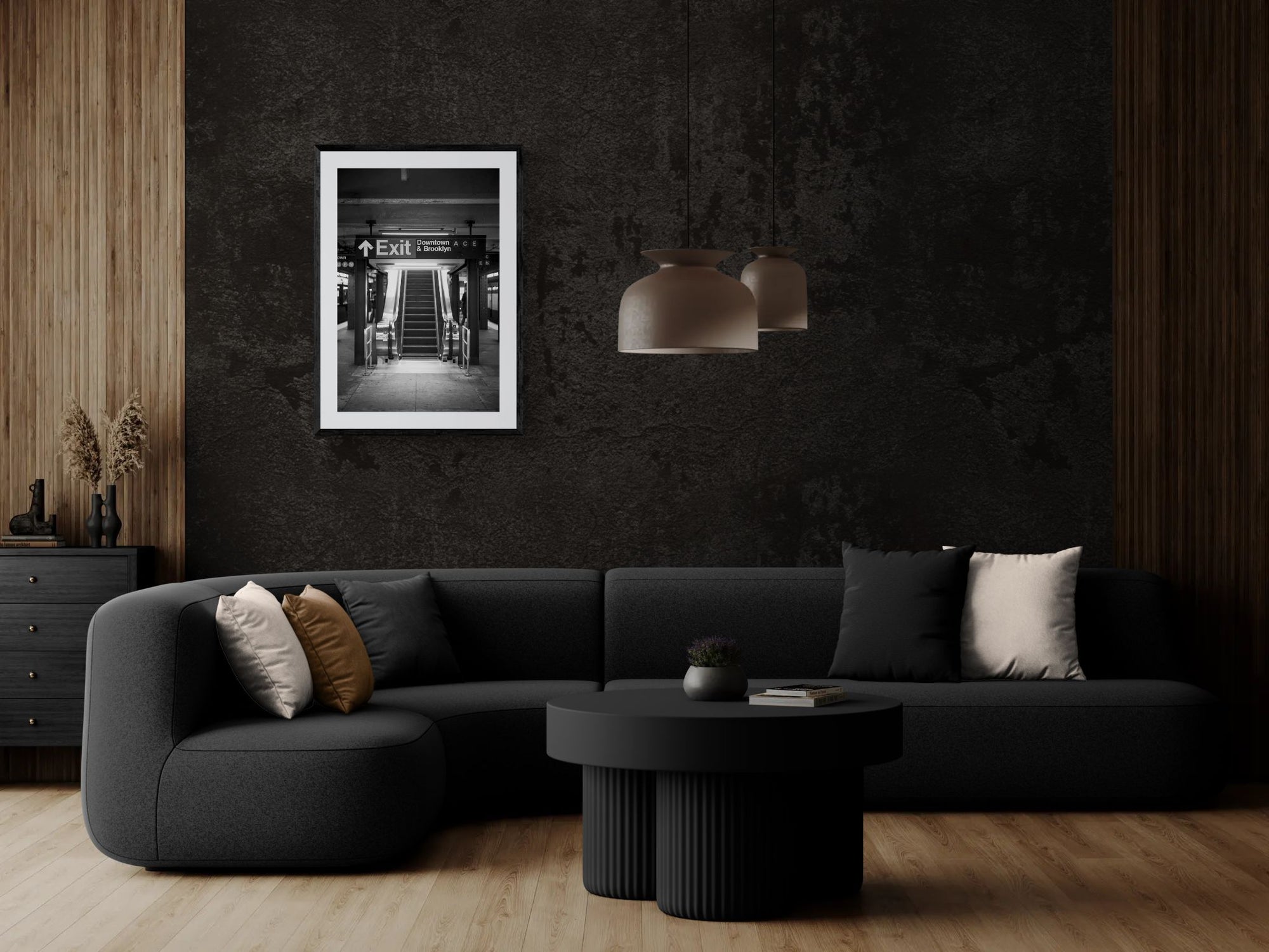 NYC Subway ACE Downtown & Brooklyn, Portals Series framed in black on a gallery wall with a viewer in a straw hat in front — Good Beans NYC.