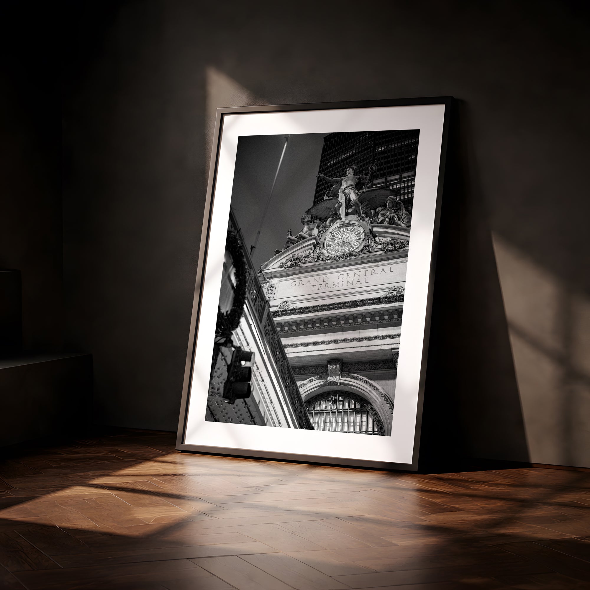 NYC Grand Central from the Right, Mercury Statue framed in black on a gallery wall with a viewer in a straw hat in front — Good Beans NYC.